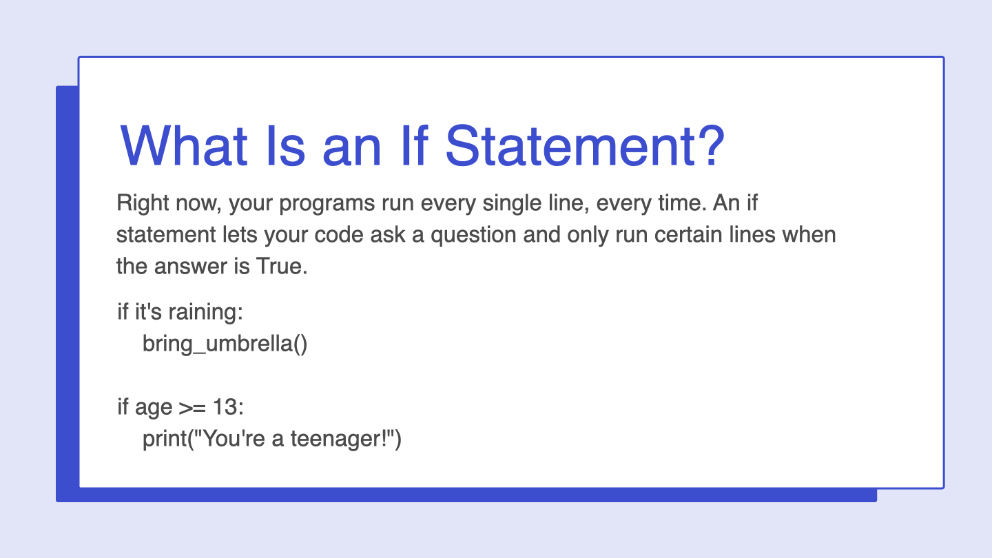 A KidCode lesson slide titled What Is an If Statement