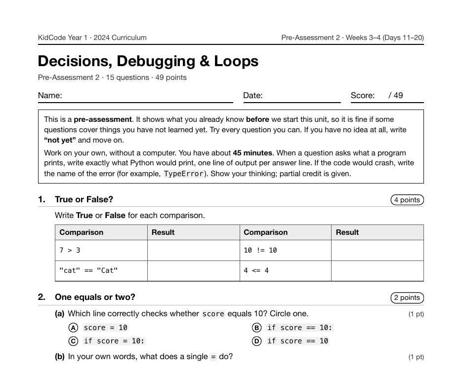 First page of the Decisions, Debugging & Loops pre-assessment