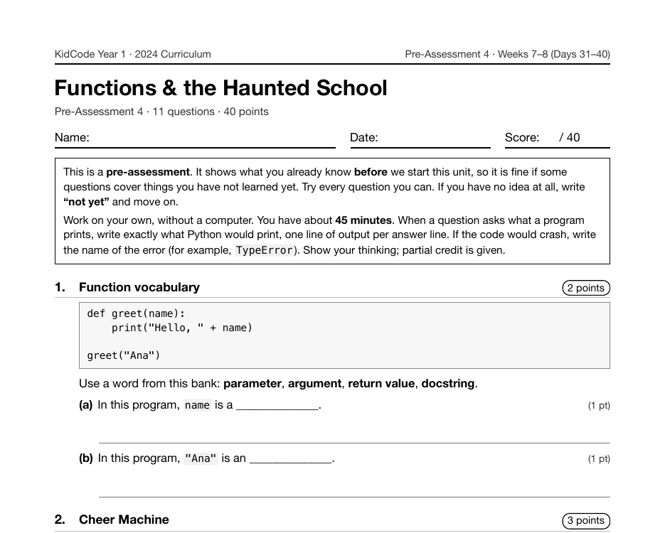 First page of the Functions & the Haunted School pre-assessment