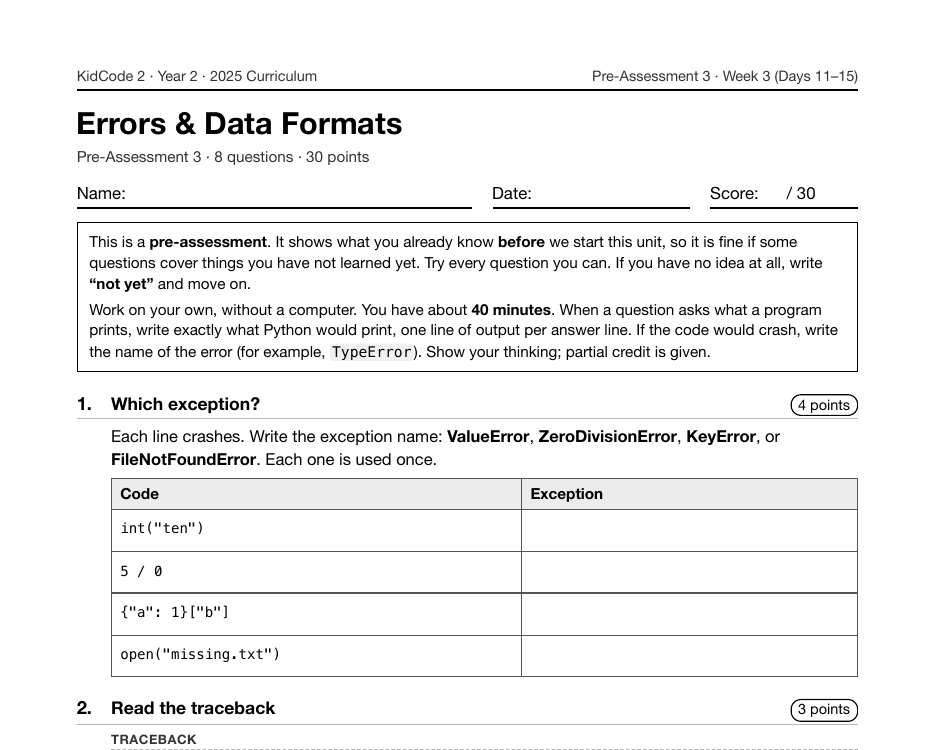 First page of the Errors & Data Formats pre-assessment