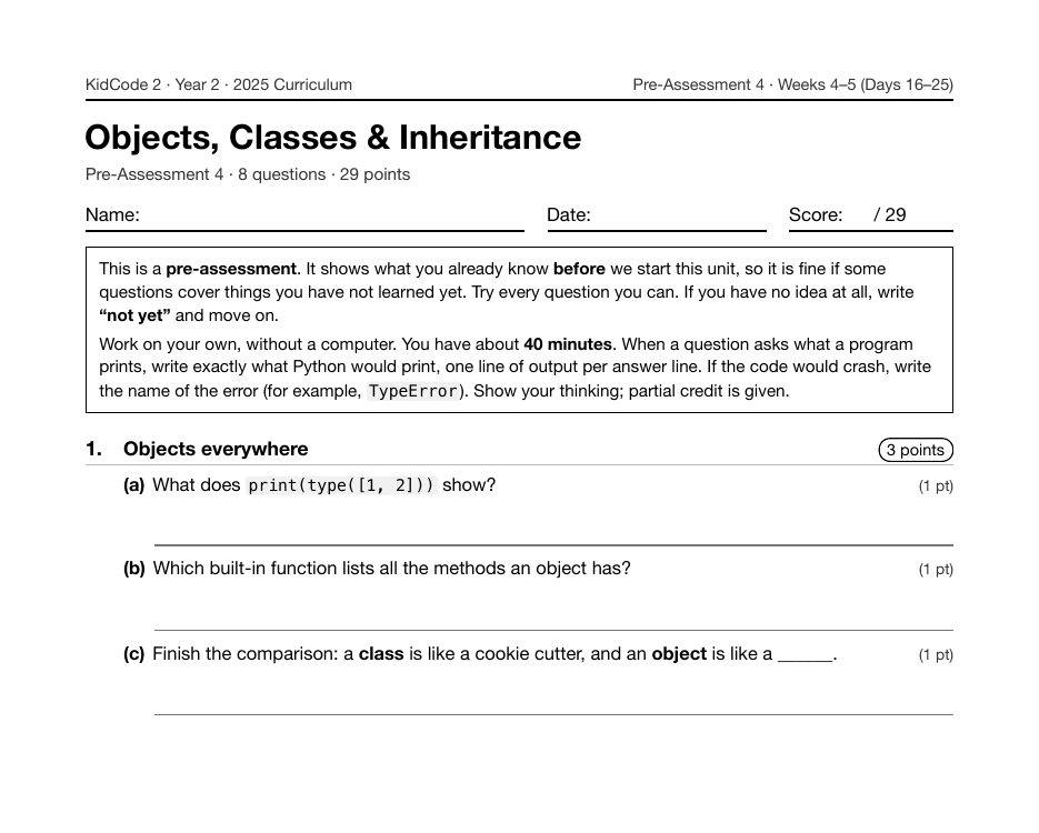 First page of the Objects, Classes & Inheritance pre-assessment