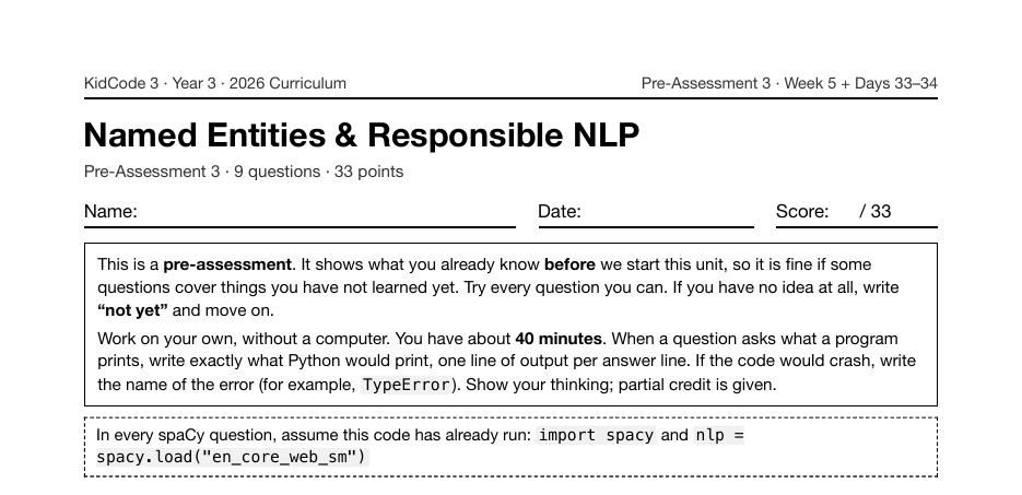 First page of the Named Entities & Responsible NLP pre-assessment